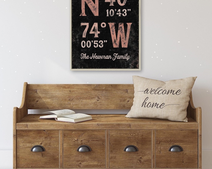Personalized Coordinates Canvas: Family Name, Coral Pink & Black