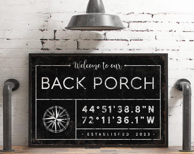 Personalized Porch Sign: Family Name and Coordinates - Black Farmhouse Style