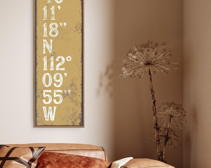 Coordinates Canvas Sign, Mustard Yellow, Retro Typography (Custom GPS Art)