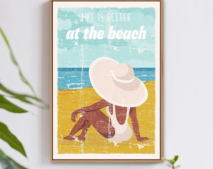 Coastal Housewarming Print, Life Is Better At The Beach Retro Wall Art in Aqua and Gold