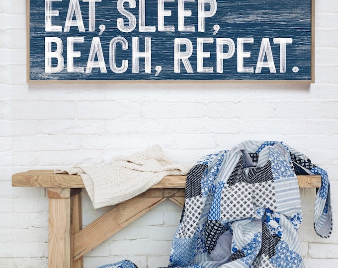 Navy Sign, Eat Sleep Beach Repeat Wall Art, Coastal Wood Framed Print for Ocean Lovers