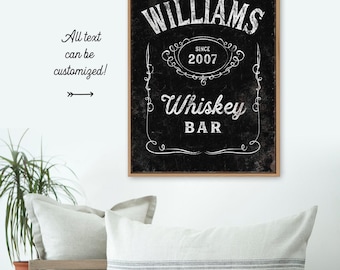 Williams Whiskey Bar Sign, Personalized Family Name Print, Custom Home Bar Wall Art