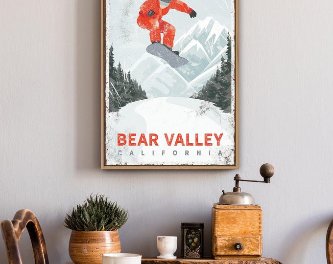 Canvas Wall Art, Custom Sports Print, California Mountain, Vintage Snowboard Poster, Ski Lodge Decor, Heavyweight Matte, Archival Inks {vph}