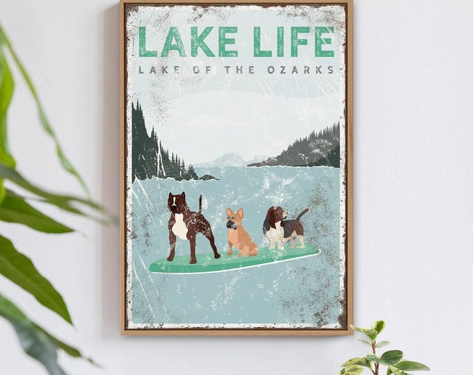 Lake Paddleboard Art, Green Pale Blue Dark Green, Custom Ozarks Dog Names