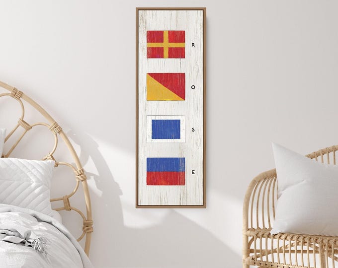 Vertical Last Name Sign: Nautical Flags - Rustic Wood Frame