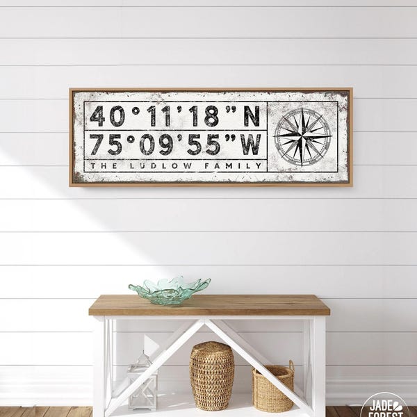 Personalized Coordinates Canvas Sign - Rustic Compass Wall Art