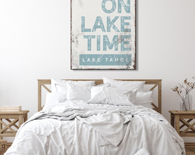 Lake Time Sign, On Lake Time Wall Art in Dusty Blue, Custom Lake House Canvas Print