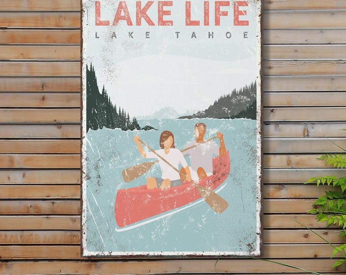 Lake Tahoe Sign, Personalized Red Canoe Wall Art, Rustic Aluminum Lake House Print