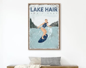 cute LAKE HAIR DOn'T CARE poster for Lake house decor > wake surfing gift for her, custom wakesurf poster, personalized lake {vpl}