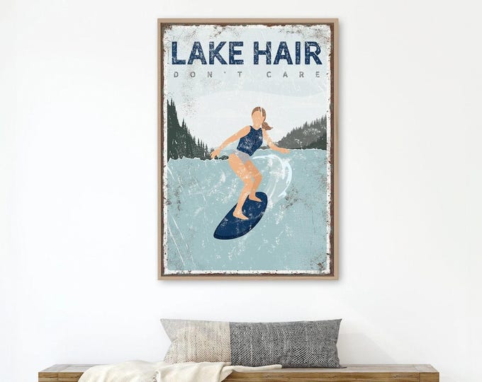cute LAKE HAIR DOn'T CARE poster for Lake house decor > wake surfing gift for her, custom wakesurf poster, personalized lake {vpl}