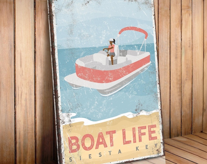 Boat Beach Sign with Coral Pontoon, Personalized Siesta Key Town Art, Gift for Pontoon Owners