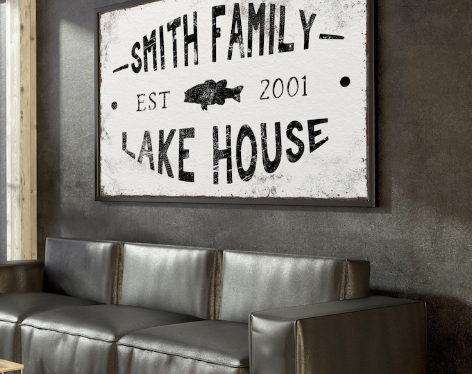 Large Mouth Bass Lake House Sign, Black and White Family Name Art, Custom Est Date