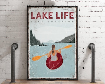 Vintage Lake Life Poster: Woman Kayaking, Maroon Retro Style