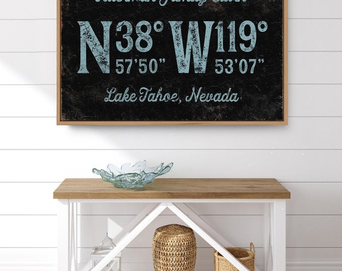 Family Name Wall Art, Black Pale Blue Coordinates Sign, Custom Lake Cabin Gift