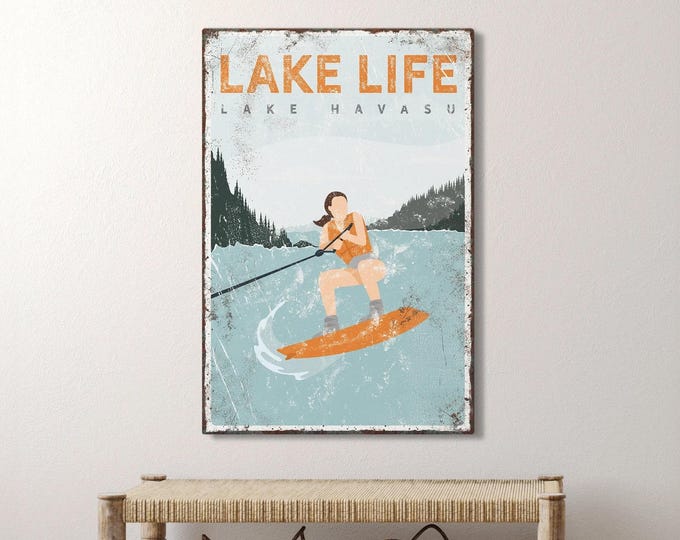 vintage LAKE LIFE sign > personalized wake boarding poster for vintage ORANGE lakehouse decor, wakeboard gift for him, Lake Havasu art {vpl}