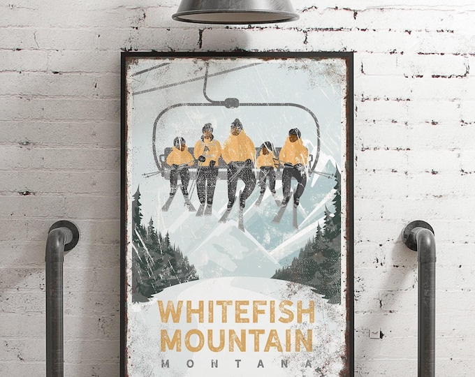 Whitefish Mountain Ski Sign, Mustard Gold Chairlift Wall Art, Personalized Resort Decor
