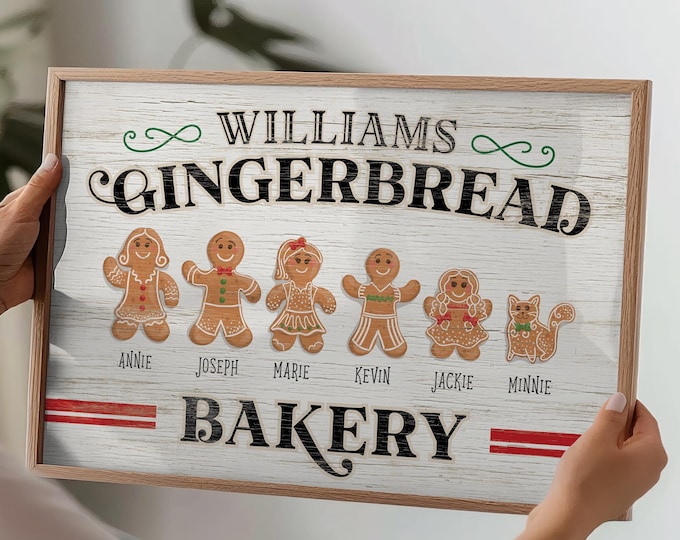 Gingerbread Bakery Custom Family Name Red Green White and Black Christmas Sign Decor