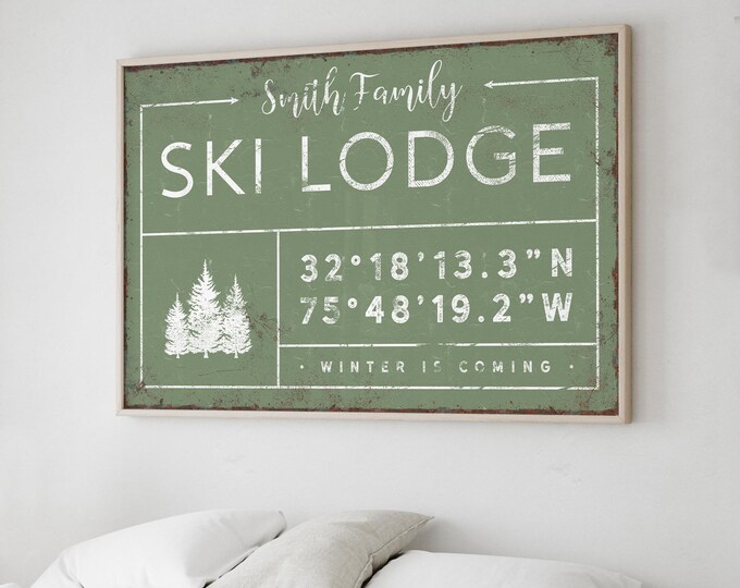 Green Ski Lodge Wall Art: Custom Family Name and Coordinates (Wood or Canvas)