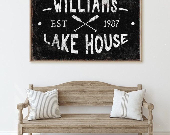 Canoe Paddles Lake House Sign, Black and White Family Name Art, Custom Est Date