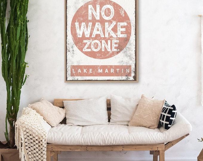 No Wake Zone Lake Sign: Vintage Coral Pink Decor (Framed or Unframed)
