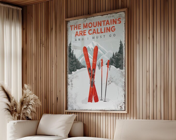 Mountain Ski Wall Print: Red Skis Art (Customizable Text)