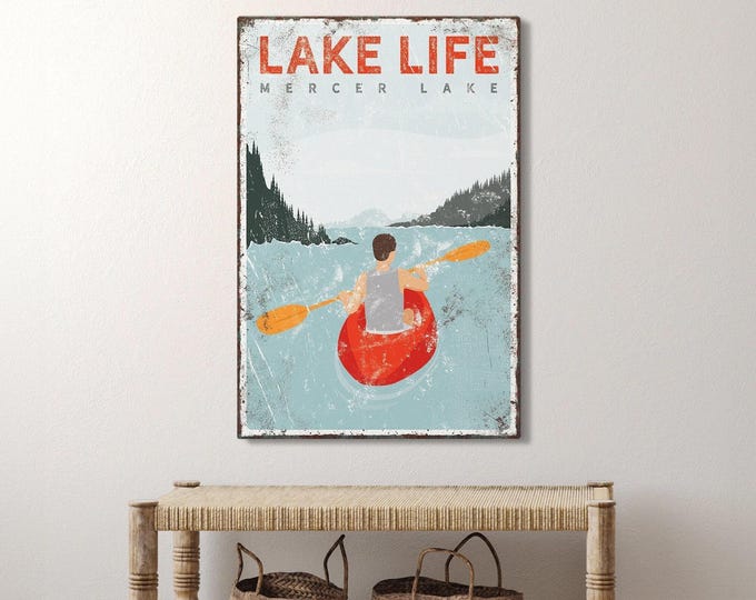 Kayak Lake Sign, Pale Blue And Red Scene, Personalized With Your Lake Name For The Wall