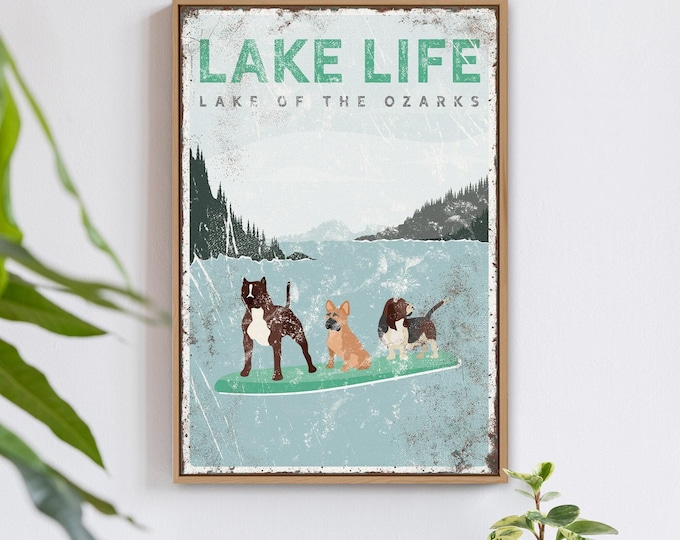 Paddleboarding Art, Lake Life Sign, Dog Lover Gift, Vintage Lake House Decor, Custom Canine Wall Print, Unique Home Accent