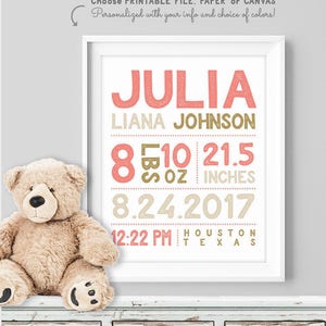 birth stats sign / personalized nursery poster / custom wall art print / CORAL PINK GOLD nursery girl Paper, Canvas or Printable image 1