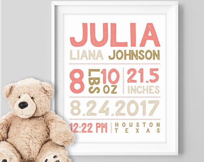 birth stats sign / personalized nursery poster / custom wall art print / CORAL PINK GOLD nursery girl ▷ Paper, Canvas {or} Printable