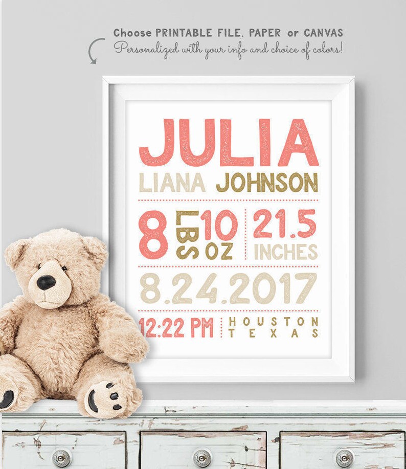 birth stats sign / personalized nursery poster / custom wall art print / CORAL PINK GOLD nursery girl Paper, Canvas or Printable image 1