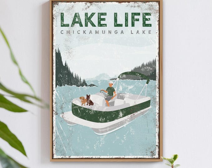 Personalized Lake House Sign: Vintage Pontoon Boat, Dog Lover Art