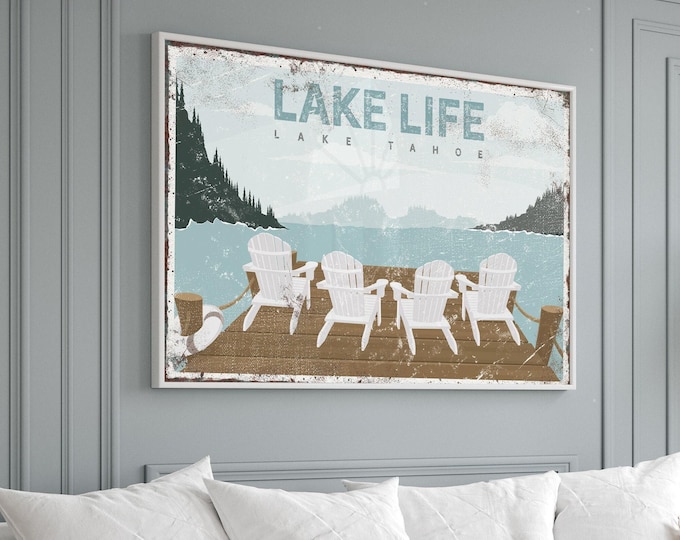 Cabins And Lakes Dock Scene Sign With Your Lake Name In Pale Blue And Cream