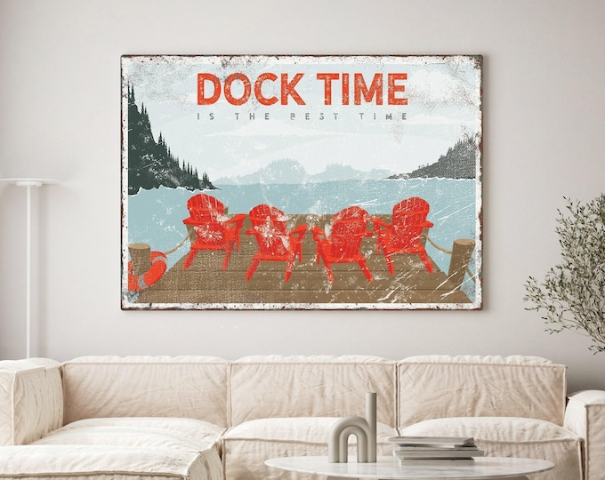 Vintage Lake Dock Sign, Red Adirondack Chairs (Custom Text Options)
