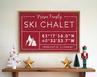 Personalized Mountain Retreat Sign - Ski Chalet Coordinates, Dark Red