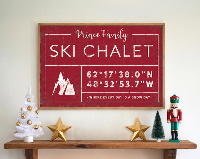 Personalized Mountain Retreat Sign - Ski Chalet Coordinates, Dark Red