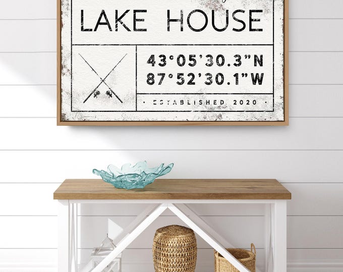 Lake House Sign, Lakehouse Canvas, Personalized Lake, Distressed Wall Art, Vintage Nautical Decor, Custom Last Name Gift