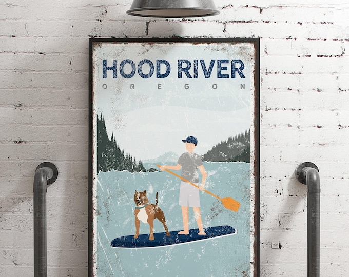 River Sign Art, Sup Paddleboard Art, Custom Lake House Sign, Man And Dog, Dusty Blue