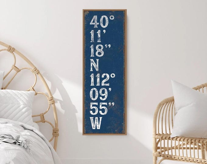 Navy Blue Coordinates Wall Art, Vintage Nautical Canvas Art Print, Retro Typography Sign