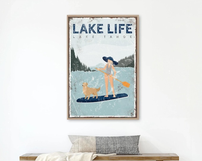 Lake House Paddleboard Poster, Dog and Woman (Custom Text & Breed)