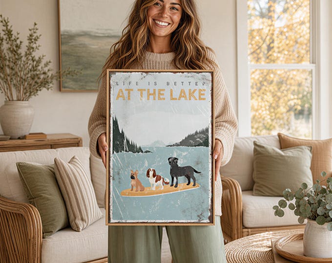 Three Dogs Paddleboard Sign, Yellow Lake Life Art, Custom Mudroom Gift