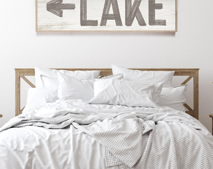 Lake Sign Wall Art: Vintage Style Arrow (Taupe, Custom Text & Direction)