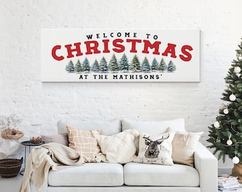 Holiday Home Decor, Personalized Welcome to Christmas Family Name Sign with Snowy Pines in Red