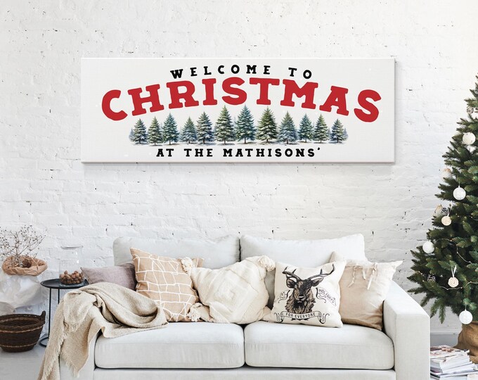 Holiday Home Decor, Personalized Welcome to Christmas Family Name Sign with Snowy Pines in Red
