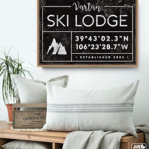 Ski Lodge Wall Art, Rustic Canvas (Personalized Family Name & Coordinates) image 8