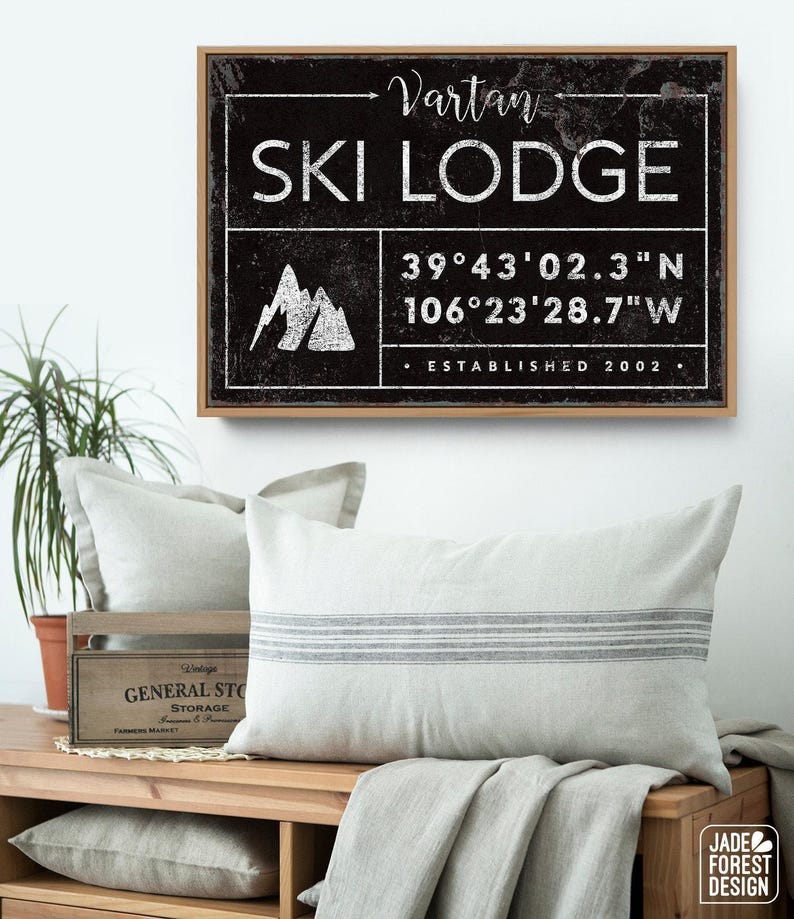 Ski Lodge Wall Art, Rustic Canvas (Personalized Family Name & Coordinates) image 8