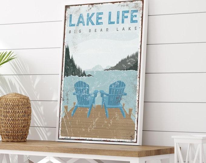 Adirondack Chairs, Blue Dock Chairs Scene, Personalized Lake Name Sign