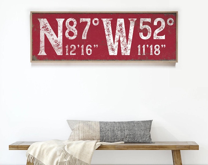 Bold oversized sign in dark red, custom N and W coordinates typography art