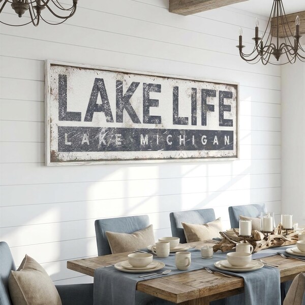 Distressed Lake Art, Lake Michigan Life Sign Charcoal Lake House Wall Decor