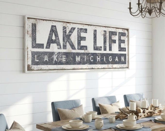 Distressed Lake Art, Lake Michigan Life Sign Charcoal Lake House Wall Decor