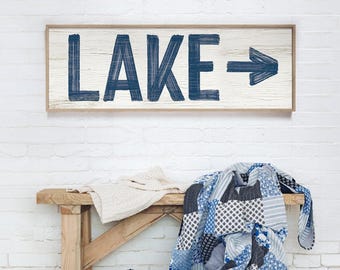 Arrow Sign Lake Wall Art, Pointing Right, Navy And White, Custom Direction For Your Lake
